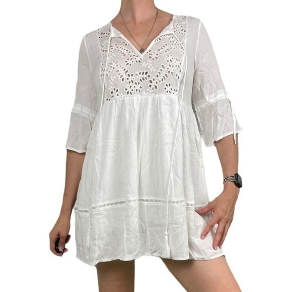 ROMANTICHUT White Lace Detail A-Line Dress Large